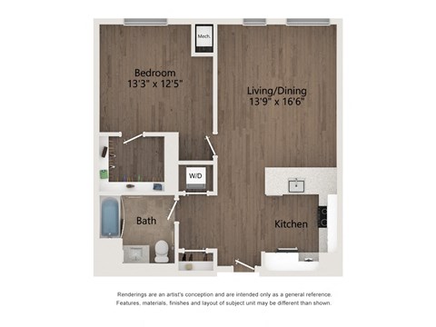 1 Bed Floor Plan at 23rd Place Apartment, Illinois